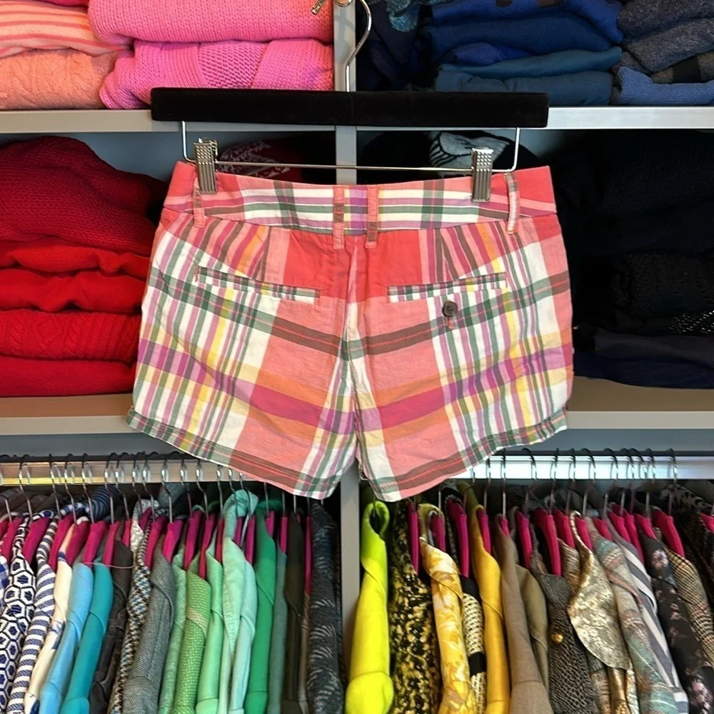 J Crew pink/green/white/yellow plaid 3” shorts size 0